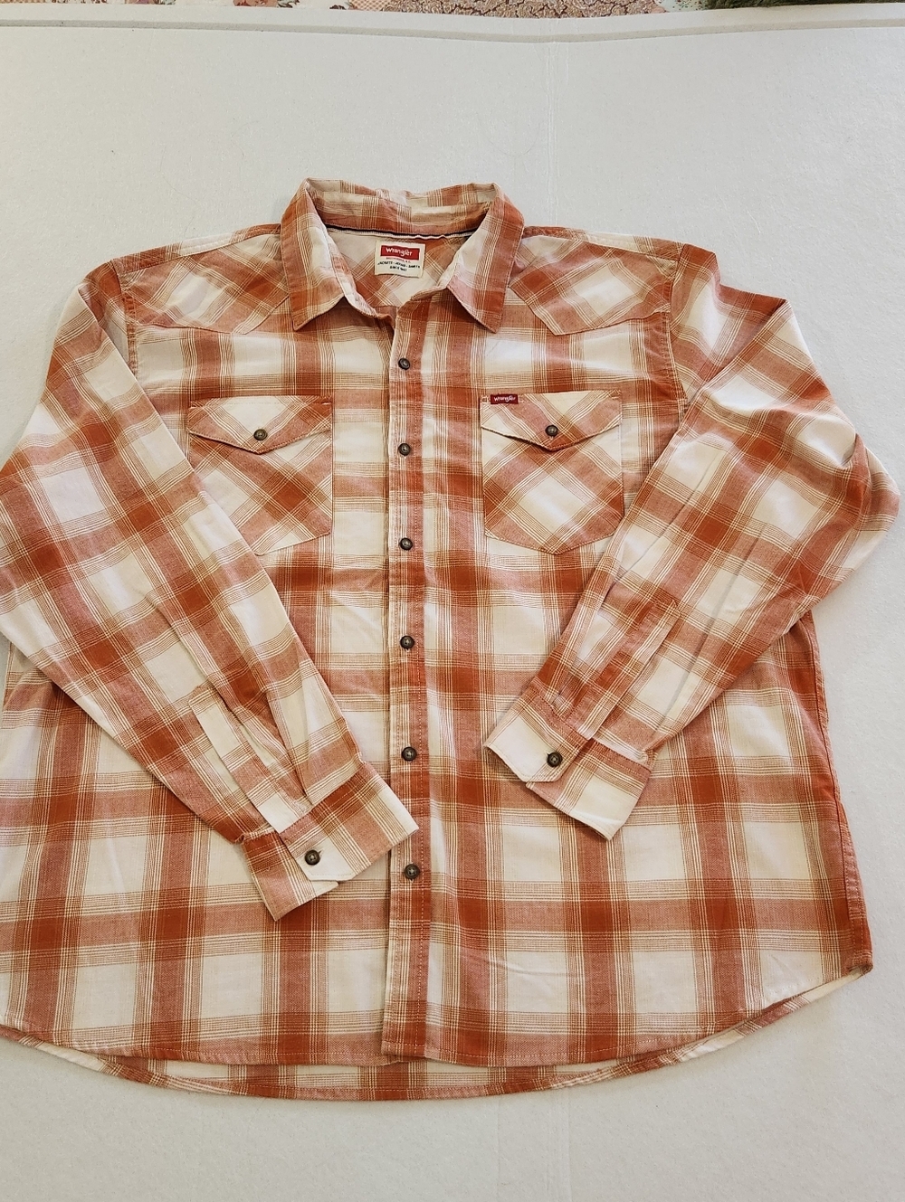 Wrangler Men's Western Orange and Cream Plaid Button-Down Shirt Size XXL